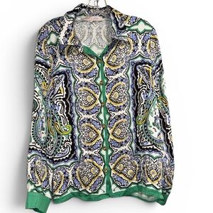 Rose & Thyme Floral Paisley Button-Up Blouse in White,Green & Blue. Gently loved
